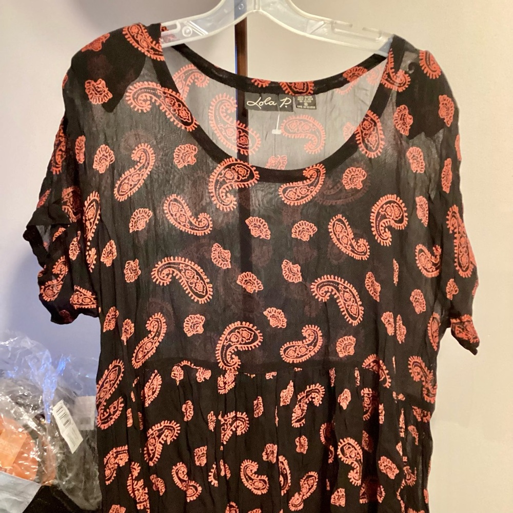 M Vintage Ephemeral Black Orange Paisley Sheer Maxi Dress Lola P Stevie Nicks